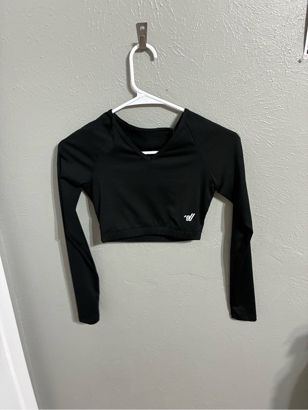 Varsity Black Cropped V-Neck Long Sleeve Top
